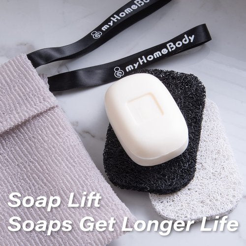 myHomeBody Soap Pocket Exfoliating Soap Saver Pouch, Body Scrubber Sponge, Exfoliator for Bath or Shower, for Large Bar Soap or Leftover Bits, White Smoke, 2 Pack + 2 Soap Lifting Pads