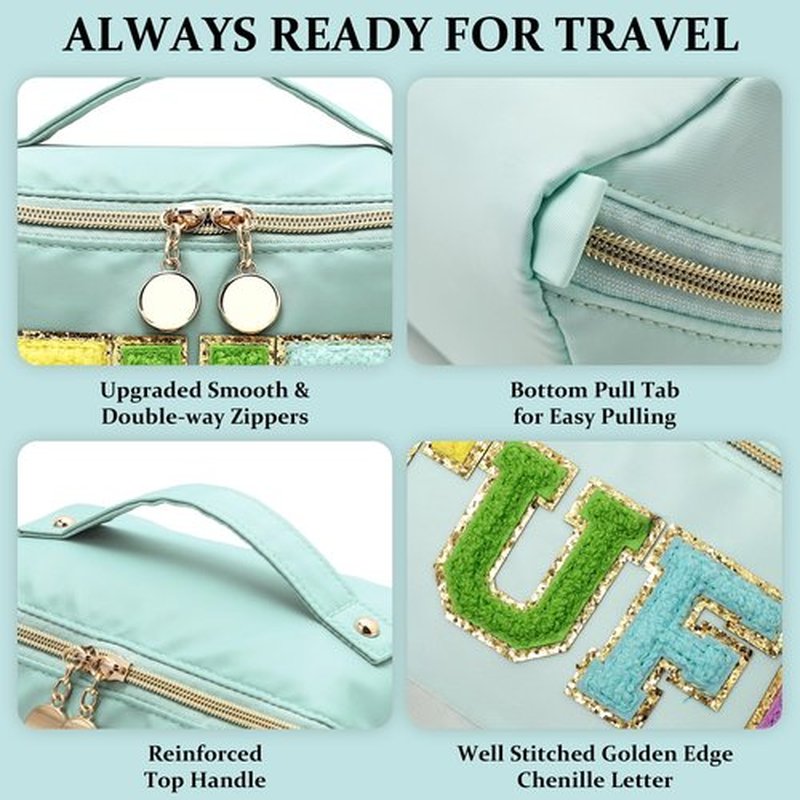 LONEDREAM Stoney Clover Preppy Makeup Bag, Large Capacity Travel Cosmetic Bag, Chenille Letter Open Flat Nylon Stuff Makeup Bag, Preppy Patch Better Belt Everything Makeup Bag, Green