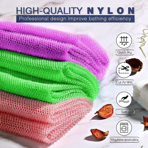 UJFQBH 3 Pieces African Bath Sponge African Net Long Net Bath Sponge Exfoliating Shower Body Scrubber Back Scrubber Skin Smoother,Great for Daily Use (Purple， Pink，Green)