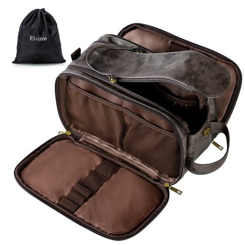 Elviros Toiletry Bag for Men, Large Travel Shaving Dopp Kit Water-resistant Bathroom Toiletries Organizer PU Leather Cosmetic Bags