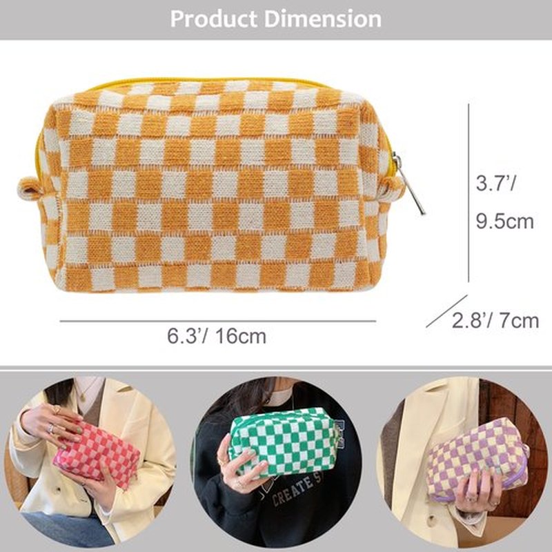 PAZIMIIK Checkered Makeup Bag for Purse Portable Zipper Make Up Pouch Small Cosmetic Case for Travel Accessories (Orange)