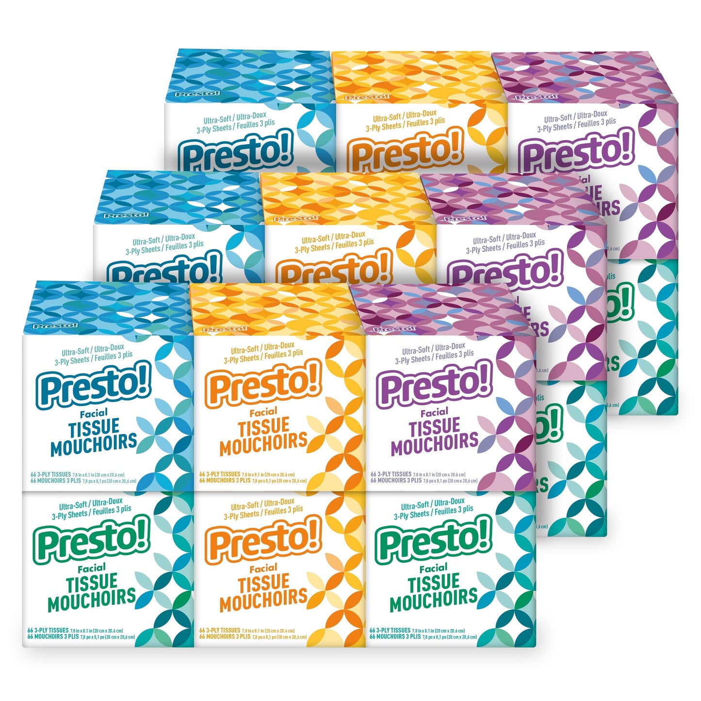 Amazon Brand - Presto! Ultra-Soft 3-Ply Premium Facial Tissues, Colorful Boxes, 1188 Count (18 Packs of 66), (Packaging May Vary)