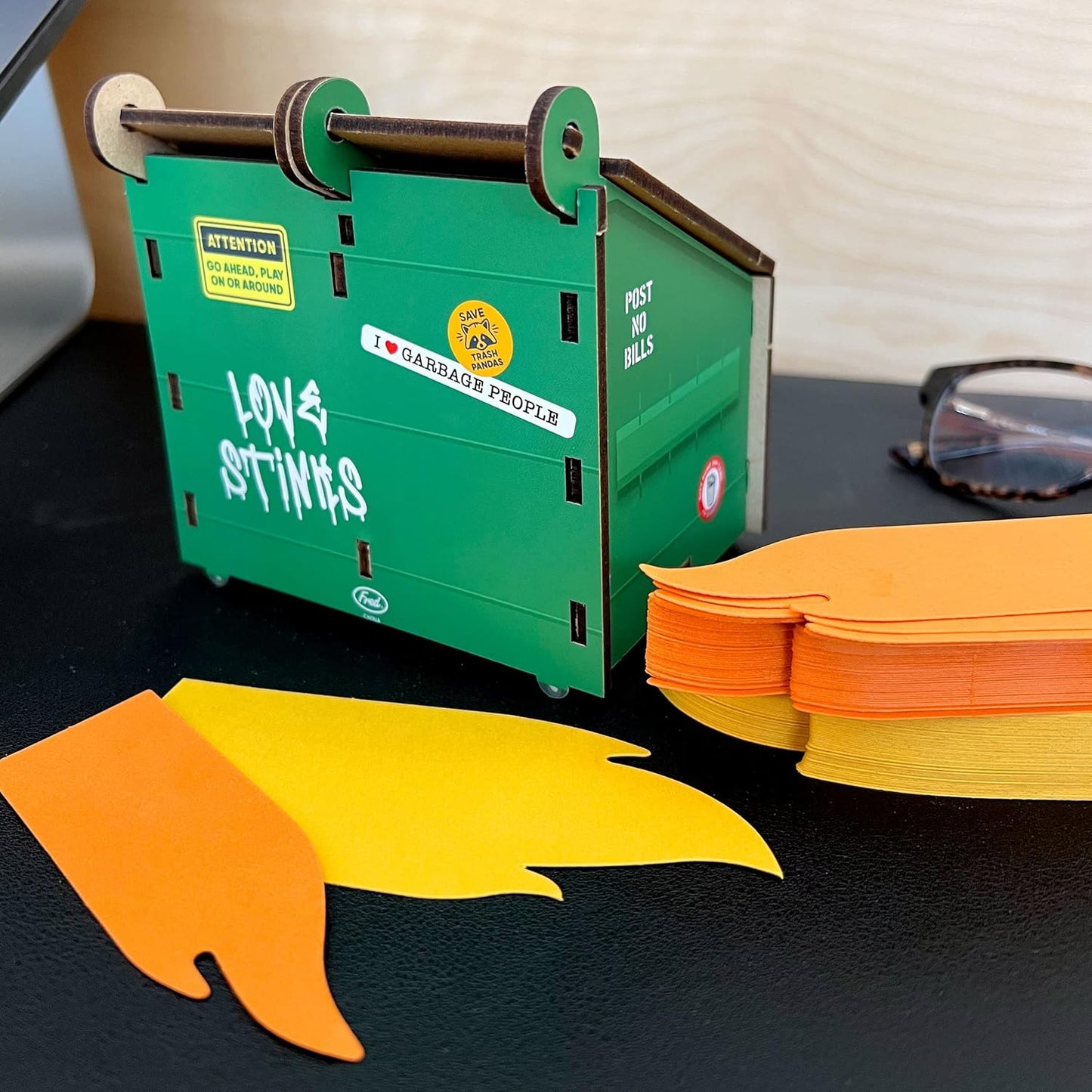 Genuine Fred Desk Dumpster Pencil Holder - Funny 3-Compartment Organizer with 100+ Flame Note Cards for Office or Home