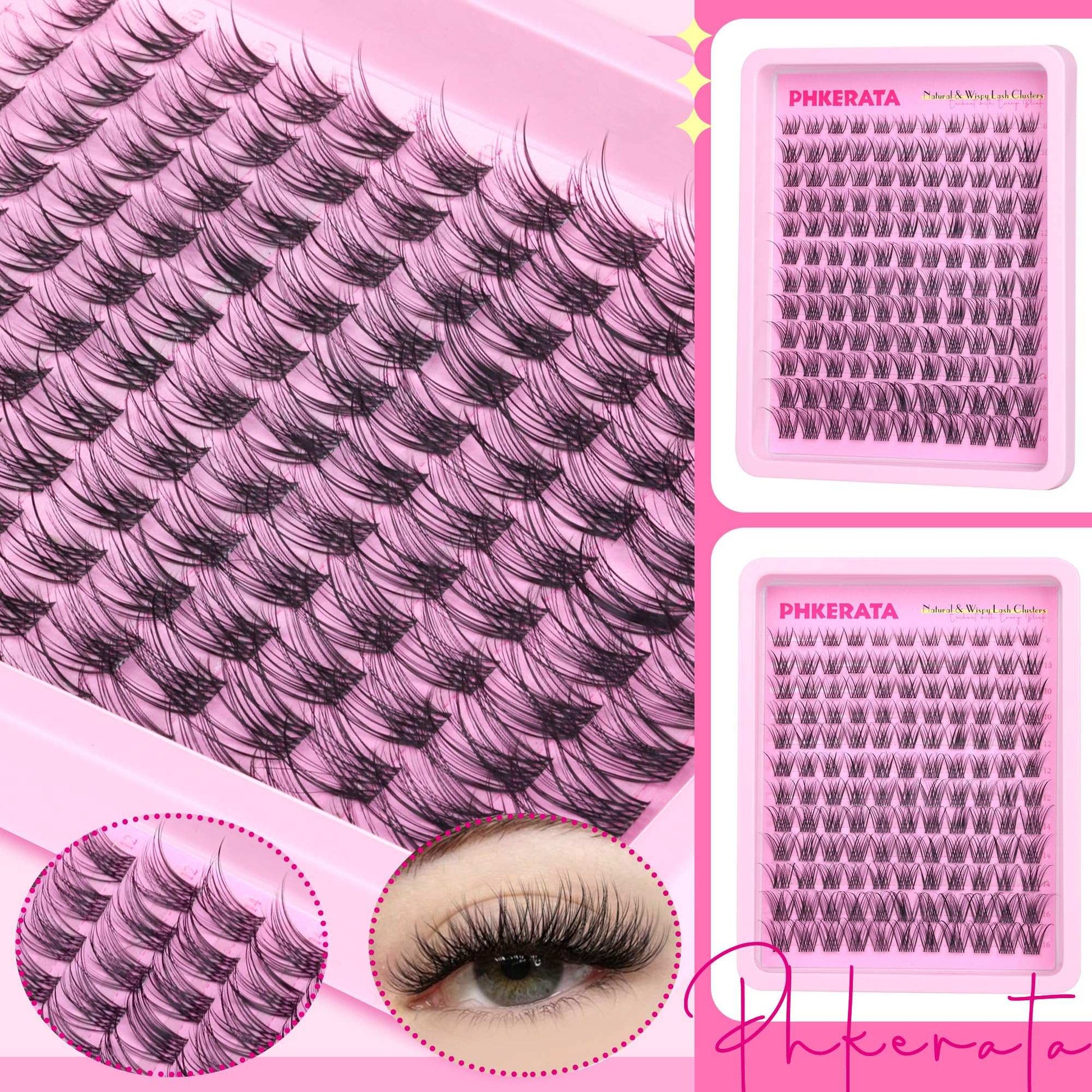 PHKERATA Wispy Lash Clusters Invisible Band Eyelash Clusters Natural Lashes Clusters 120 pcs C Curl Cluster Eyelash Extensions Ultra Thin Clear Band Individual Lashes at Home, 8-16mm