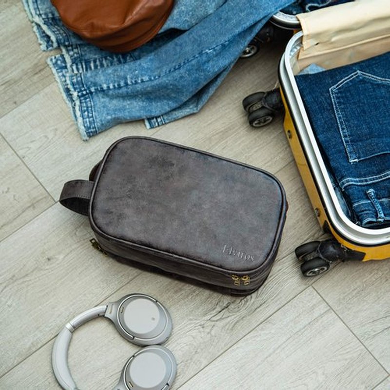 Elviros Toiletry Bag for Men, Large Travel Shaving Dopp Kit Water-resistant Bathroom Toiletries Organizer PU Leather Cosmetic Bags