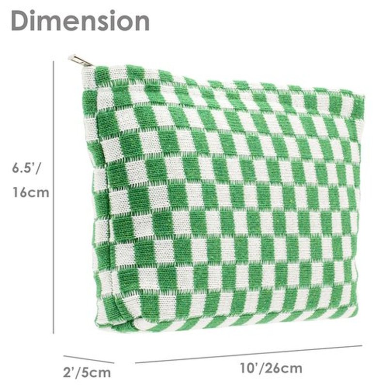 PAZIMIIK Knitted Checkered Makeup Bag Large Zipper Make Up Accessory Pouch for Purse Cosmetic Brush Bag for Travel Essential,Green