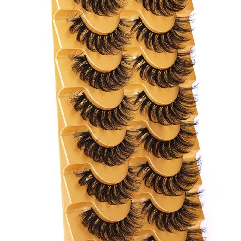 Focipeysa False Eyelashes Fluffy Mink Lashes Natural D Curl Lash Strips Look Like Extensions 17mm Wispy Crossed Cat Eye Lashes 8 Pairs Pack