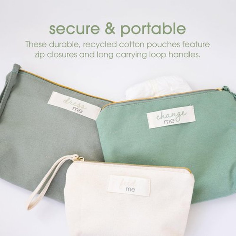 Pearhead Baby Diaper Bag Organizing Pouch Set – Feed Me, Change Me, Dress Me – Zip Pouches Made from Recycled Cotton, Gender Neutral Diaper Bag Accessories and Baby Essentials Organizer - Set of 3