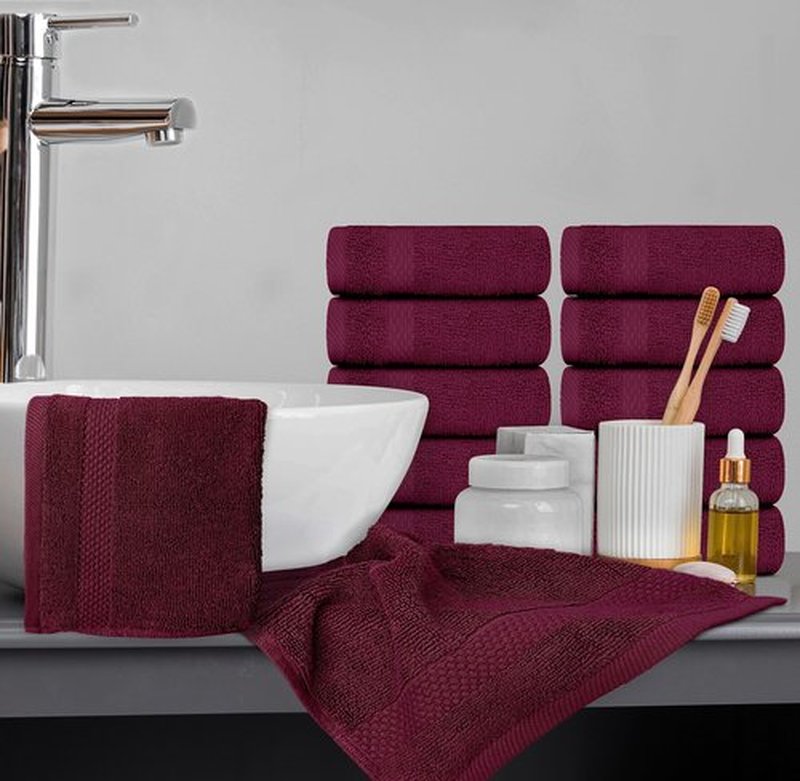 White Classic Luxury Washcloths for Bathroom-Hotel-Spa-Kitchen-Set - Circlet Egyptian Cotton - Highly Absorbent Hotel Quality Face Towels - Bulk Set of 12-13x13 Inch (Wine Red)