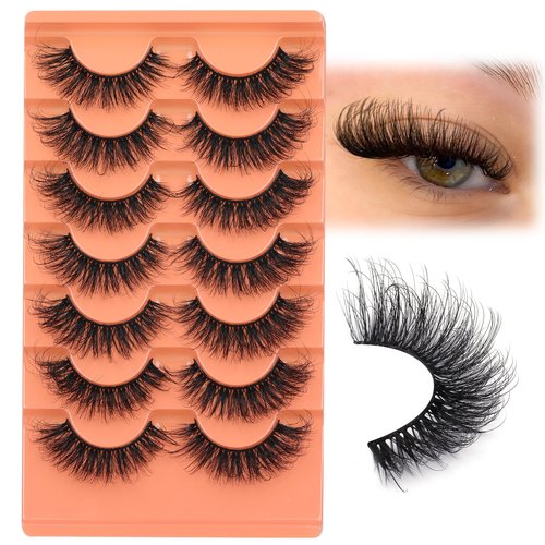 Focipeysa 18mm Faux Mink Eyelashes Fluffy Volume False Lashes D Curl Fake Lash Dramatic False Eyelashes 10D Dramatic Strip Lashes Pack 7 Pairs Lashes DIY Lashes at Home