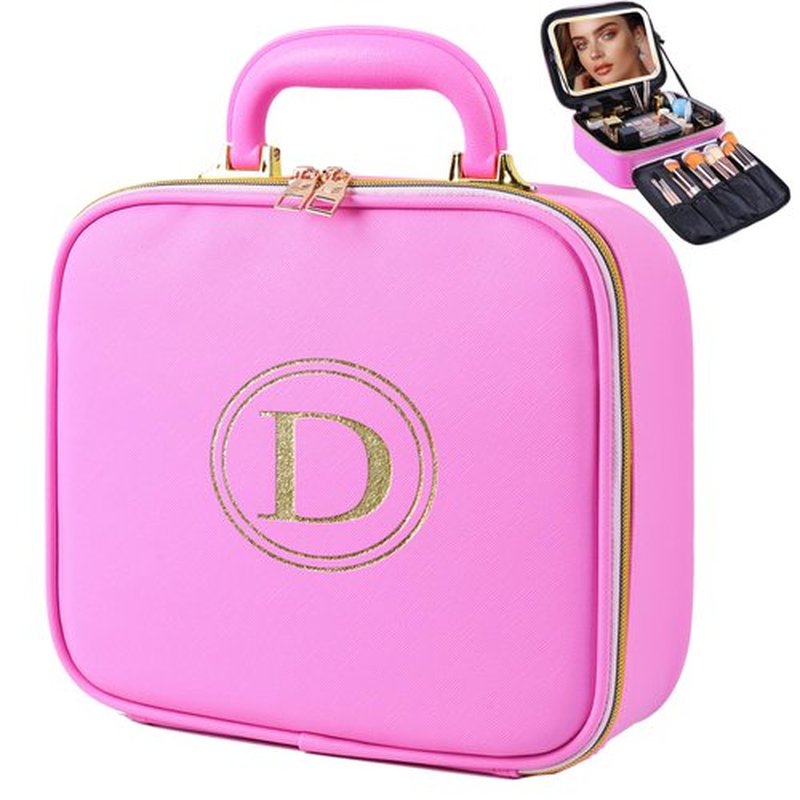 Makeup Travel Train Case with Mirror, LED Light, 3 Adjustable Brightness Levels, Cosmetic Bag with Handle, Portable Storage, Adjustable Partition, Waterproof, Monogrammed Gift Makeup Bag for Women