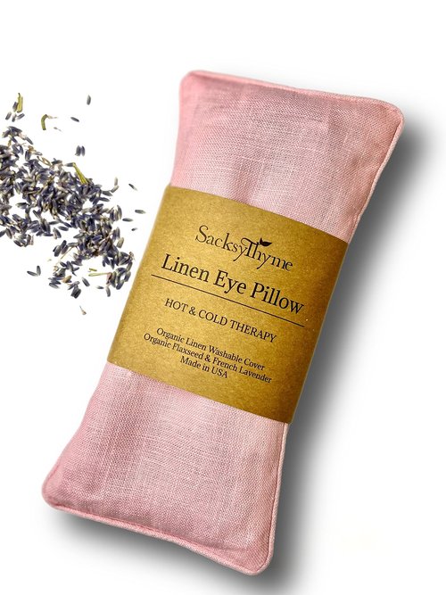 Sacksy Thyme Organic Linen Eye Pillow - Lavender & Flaxseed for Relaxation, Yoga, Stress Relief - Microwavable Heating Pad & Cool Compress - Made in USA - Gifts for Meditation - (Lavender)