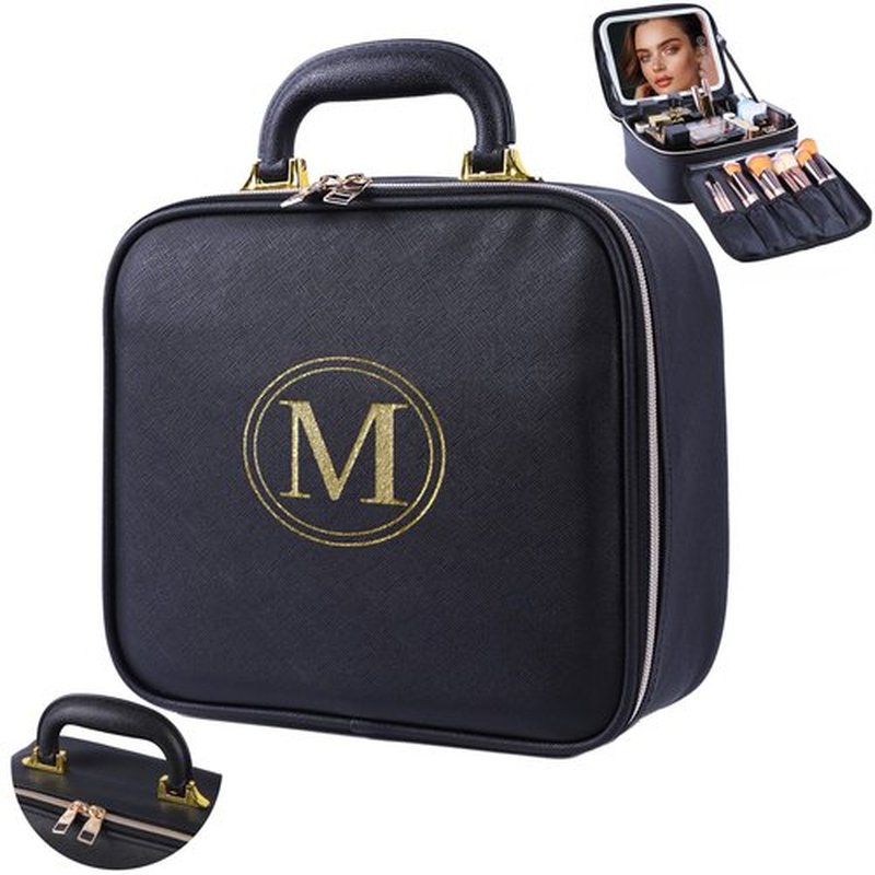 Makeup Travel Train Case with Mirror, LED Light, 3 Adjustable Brightness Levels, Cosmetic Bag with Handle, Portable Storage, Adjustable Partition, Waterproof, Monogrammed Gift Makeup Bag for Women