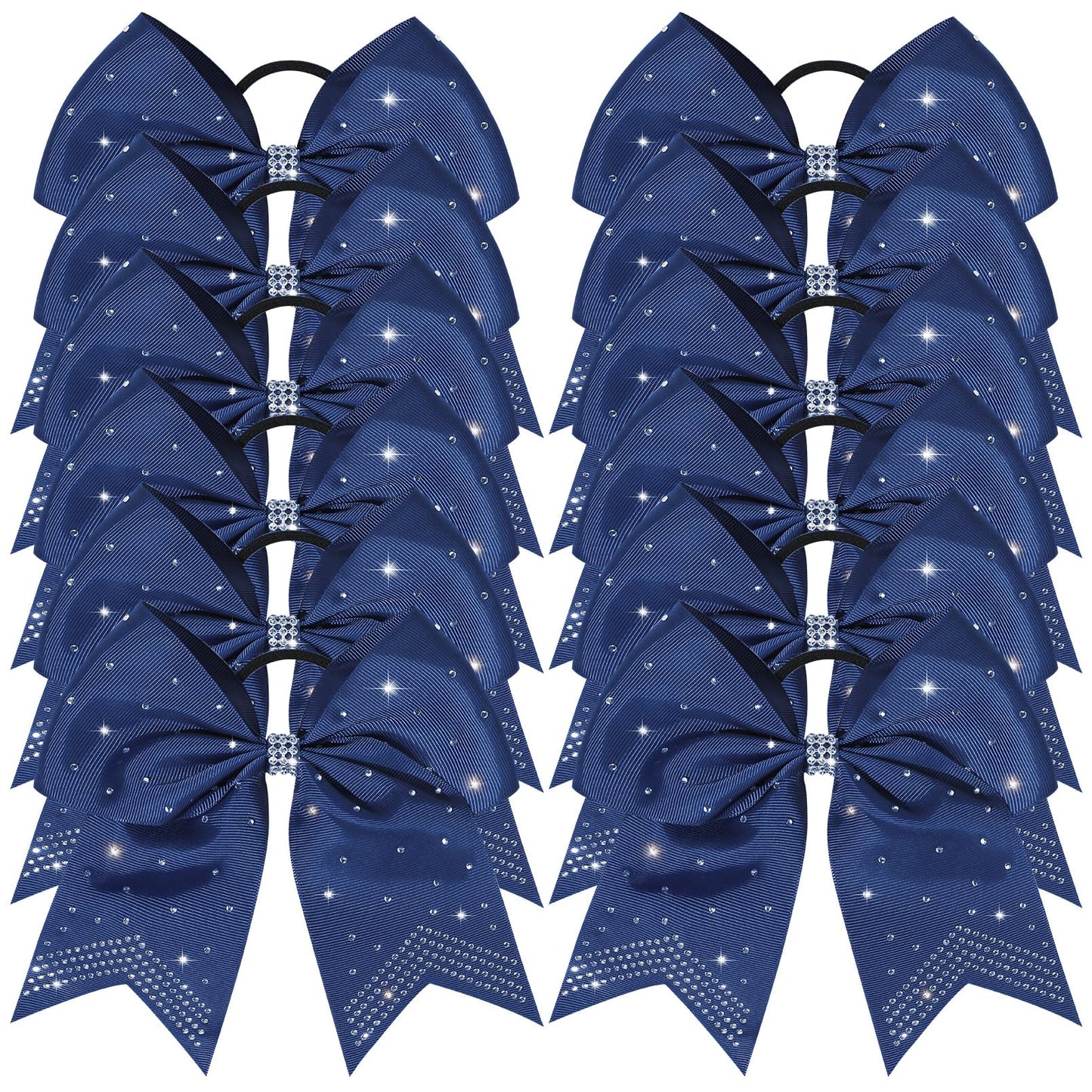 CEELGON Large Rhinestones Cheer Bows, 12 PCS Glitter 7" Cheer Bows Ponytail Holder for Cheerleaders Girls Softball Sports Competition, Navy with Full Rhinestone