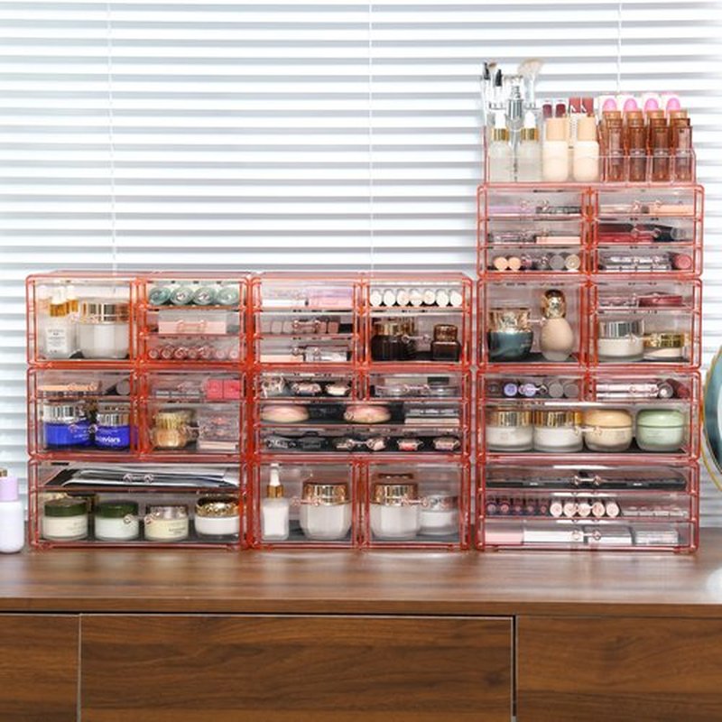 Cq acrylic Dorm Makeup Organizer With 6 Drawers,Stackable Plastic Makeup Organizer,Pink Drawer Storage Organizer Perfume for Dresser Vanity Tray, Large Baby Drawer Organizer for Nursery,3 Pack