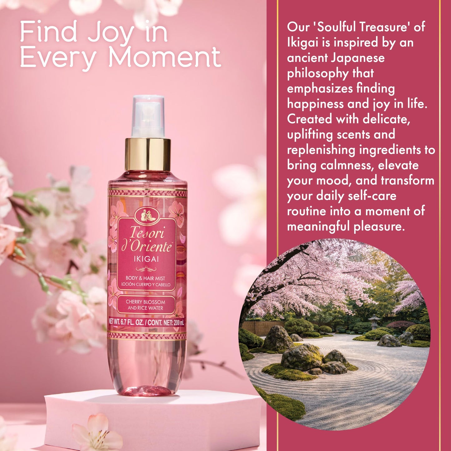 Tesori d’Oriente Ikigai Hair & Body Mist for Women & Men, 6.7 fl oz, Lightweight Floral Scent with Cherry Blossom & Rice Water, Refreshing, Layerable Fragrance for Skin & Hair