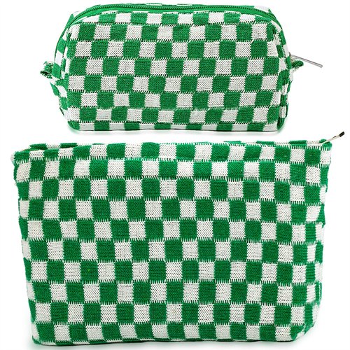 ZLFSRQ 2Pcs Checkered Makeup Bag for Women Large Cosmetic Bag Set Travel Toiletry Bag Makeup Pouch Bag for Purse Green Zipper Storage Bag Organizer Cute Small Aesthetic Girls Car Essentials Bag