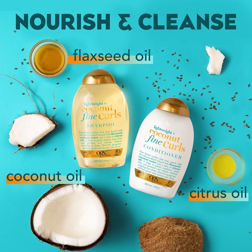 OGX Lightweight + Coconut Fine Curls Shampoo for Curly Hair, Coconut Water Shampoo, Flaxseed Oil, Citrus Oil, 13 Fl Oz (Pack of 2)