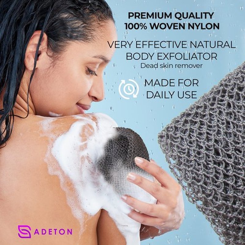 Adeton African Net Sponge, Authentic, Real, Black Owned, Exfoliating Bath Wash Cloth, Long Sponge, Body Exfoliator, Sapo, Shower Bath Accessories, Back Foot Scalp Scrub, Flat Dead Skin Remover (Grey)