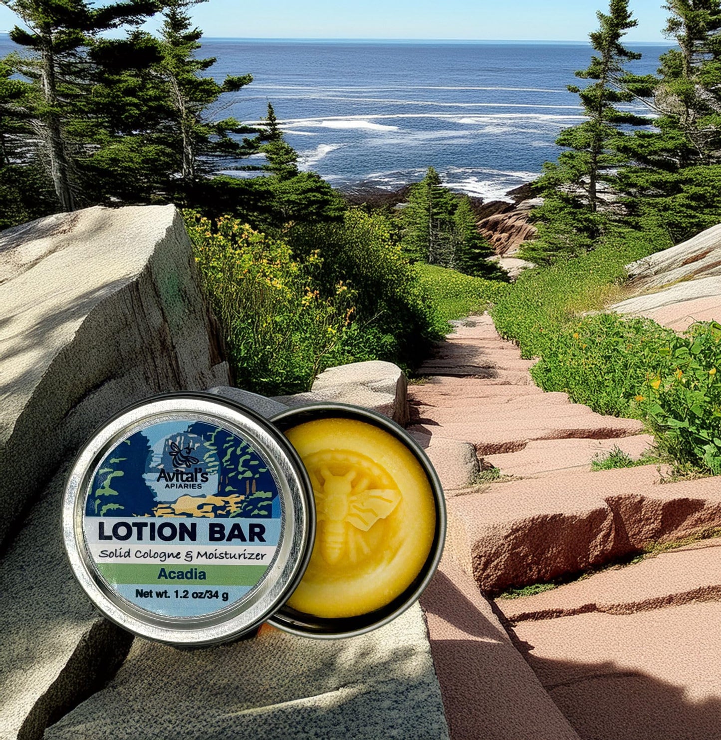 Avital's Apiaries 1.2 oz Acadia Beeswax Lotion Bar – Coastal Sea Air & Spruce Scent – Solid Natural Moisturizer for Dry Skin – Shea & Mango Butter – Plastic-Free Travel Lotion