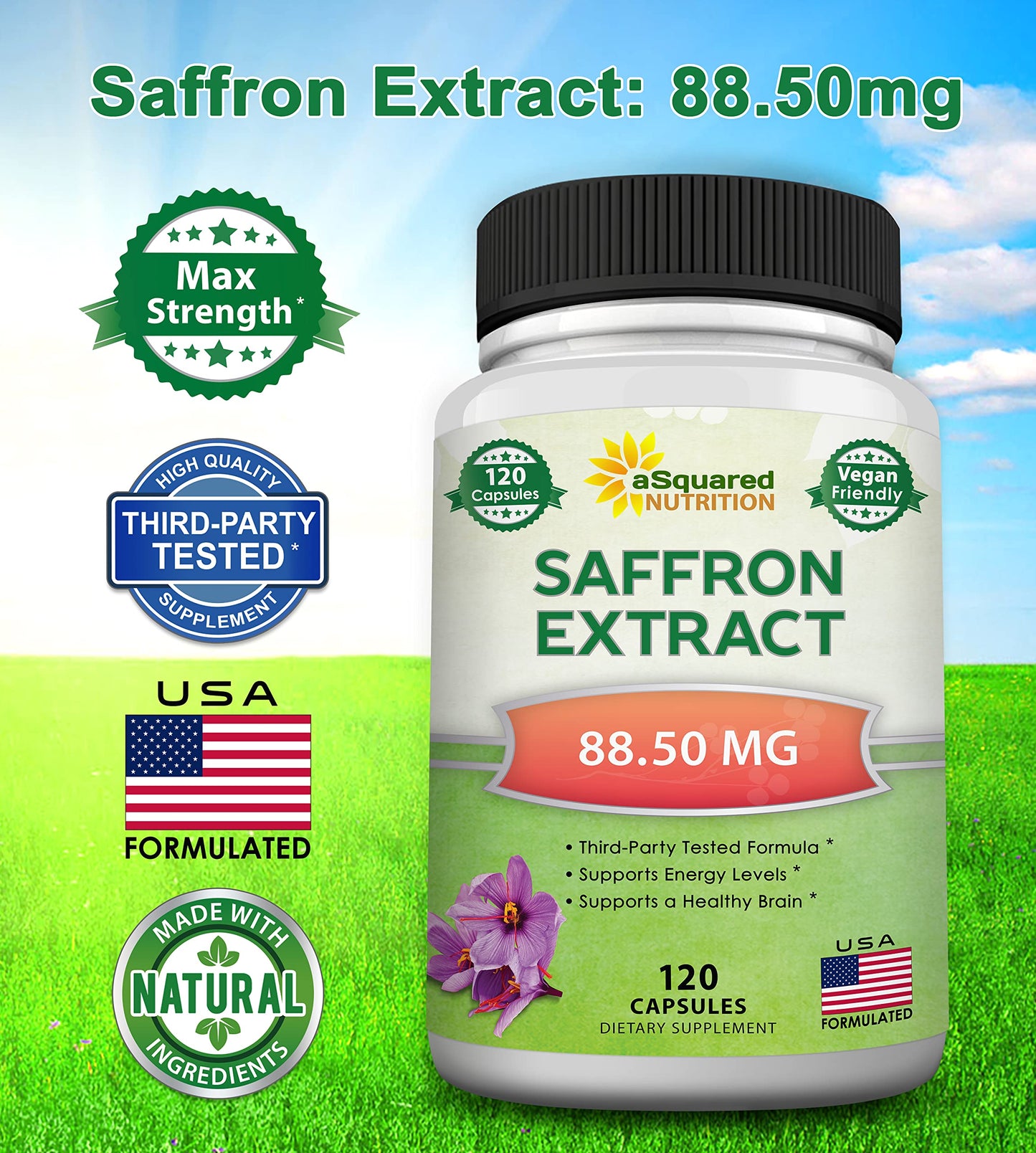 aSquared Nutrition Saffron Supplements - 120 Capsules - Saffron Extract Supplement Pills for Energy, Focus and Mood - Pure Saffron Alternative to Powder, Tea, Threads & Gummies