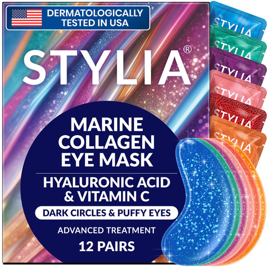 Stylia Under Eye Patches for Dark Circles and Puffy Eyes (12 Pairs), Marine Collagen Mask with Vitamin C, Hyaluronic Acid, Pearl Extract, Eye Masks for Dark Circles and Puffiness, Gifts for Women