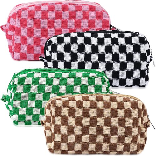 ZLFSRQ 4Pcs Checkered Makeup Bag for Women Knitted Small Cosmetic Bag Travel Makeup Pouch for Purse Zipper Toiletry Organizer Cute Aesthetic Girls Makeup Brushes Storage Bag (Green/Black/Pink/Brown)