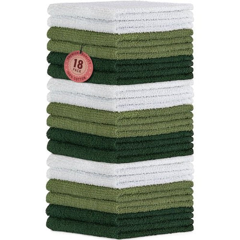 DecorRack 18 Pack 100% Cotton Wash Cloths, Ultra Soft, 11 x 11 inch Ultra Absorbant, Machine Washable Premium Washcloths, Green (18 Pack)