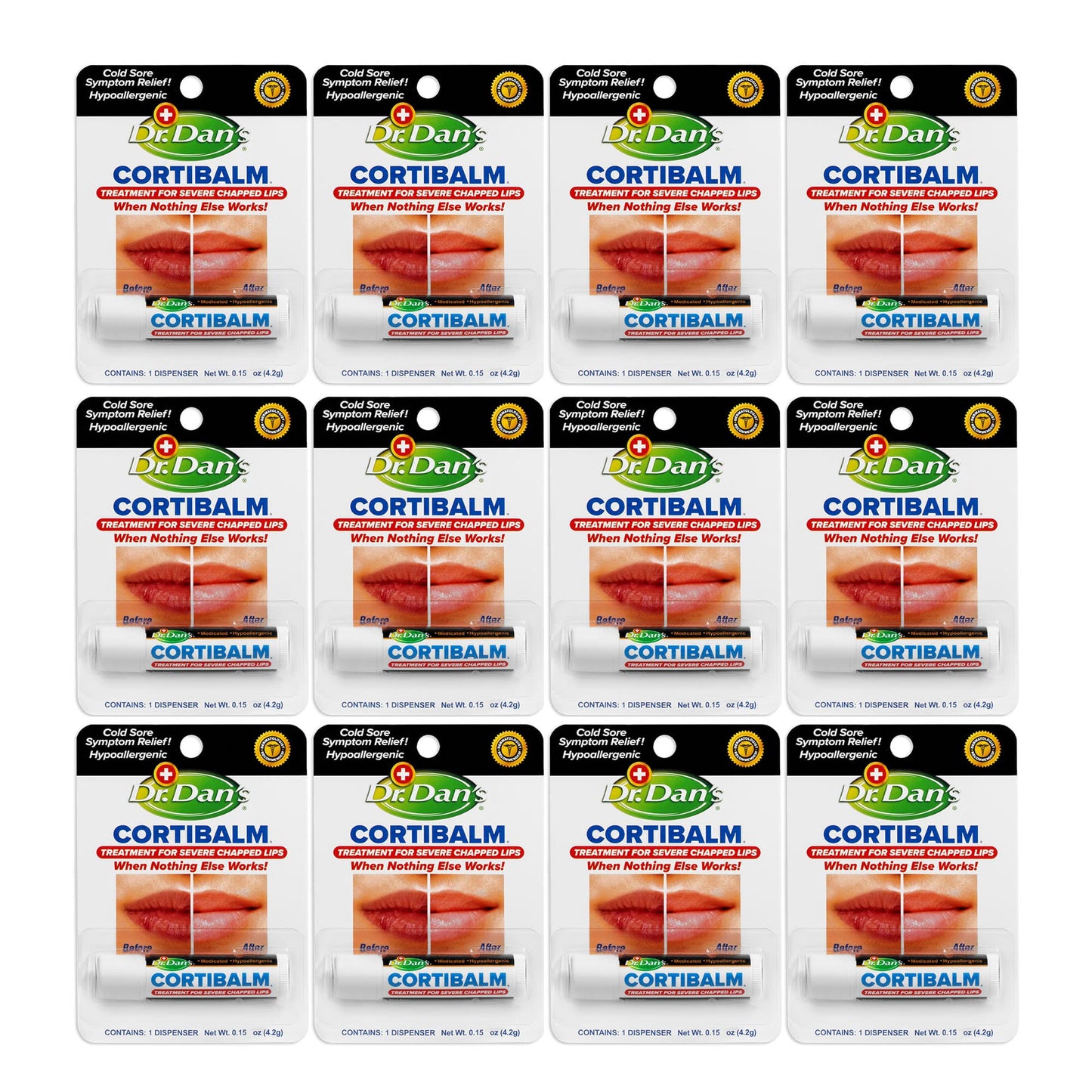 Dr. Dan's Cortibalm- 12 Pack - for Dry Cracked Lips - Healing Lip Balm for Severely Chapped Lips - Designed for Men, Women and Children