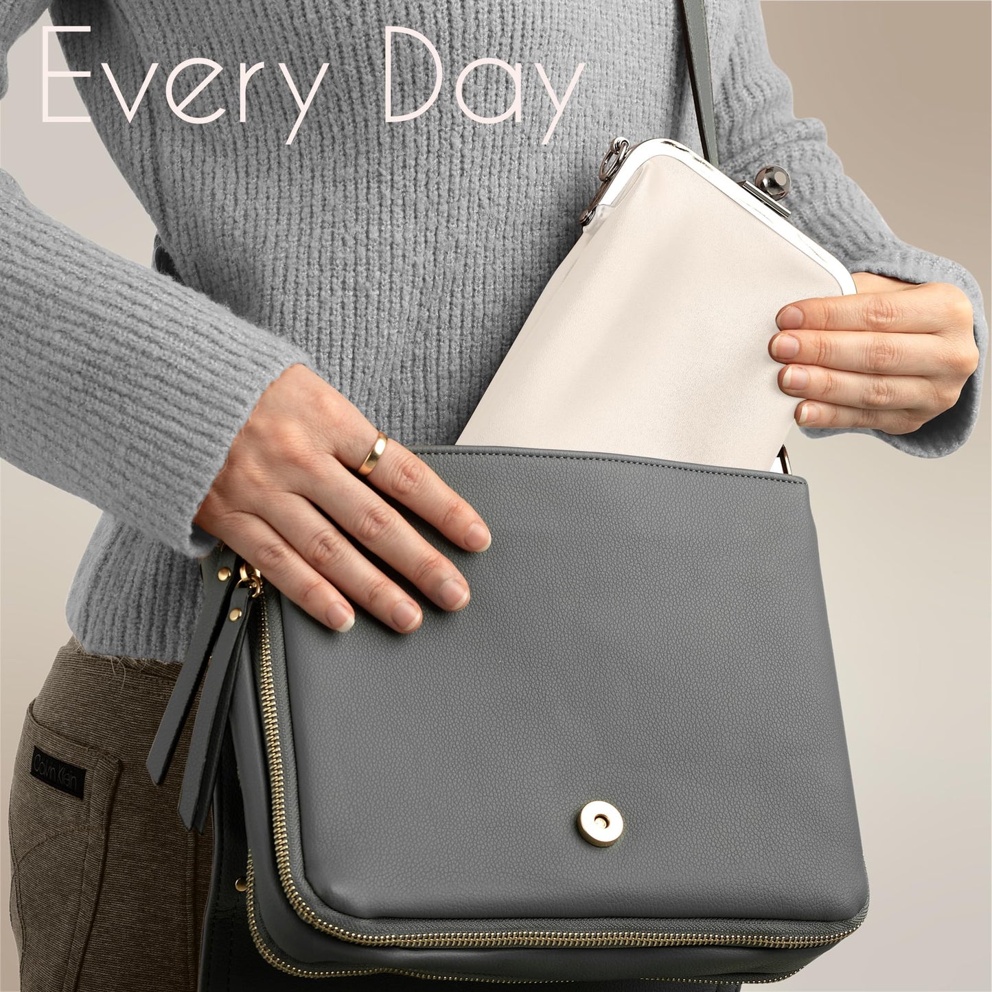 BORSALI Double Eyeglass Case for Women- Small Vegan Leather Crossbody Phone Bag - Soft Versatile Sunglass & Cell Phone Purse in one -Crossbody Chain Incl. (Cream)