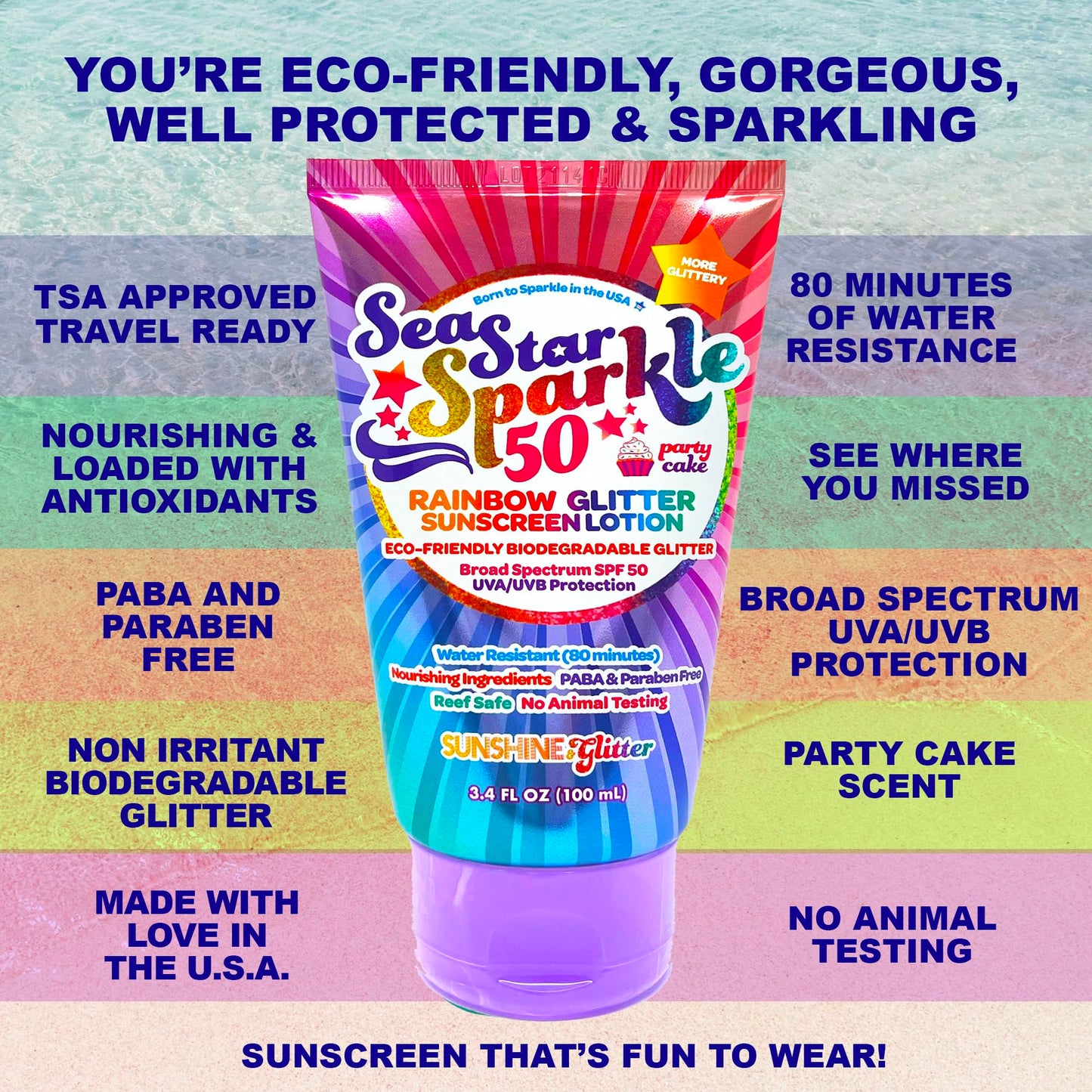 Sea Star Sparkle | Party Cake | Biodegradable Glitter Sunscreen SPF 50 for Kids | Rainbow | Broad Spectrum UVA/UVB | Water Resistant | Beach & Pool FUN SPF | Made in USA | Sunshine & Glitter