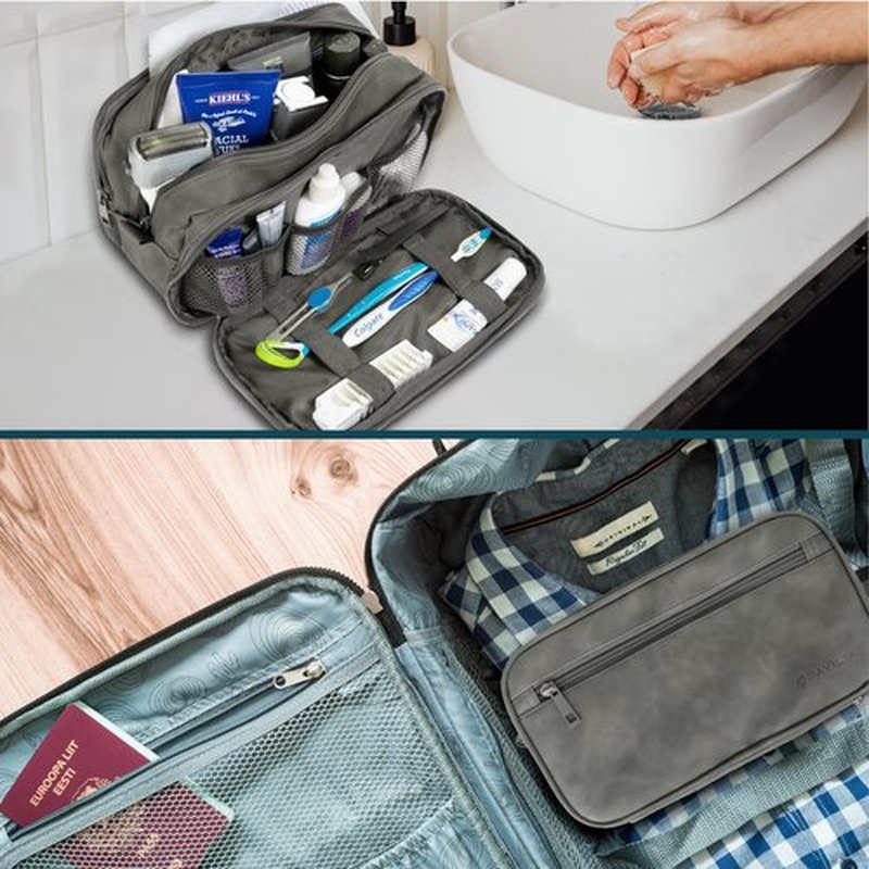 PAVILIA Toiletry Bag for Men, Travel Toiletries Bag | Water-resistant Dopp Kit, PU Leather Shaving Pouch Organizer for Accessories, Cosmetic, Hygiene, Grooming Essentials (Dark Gray)