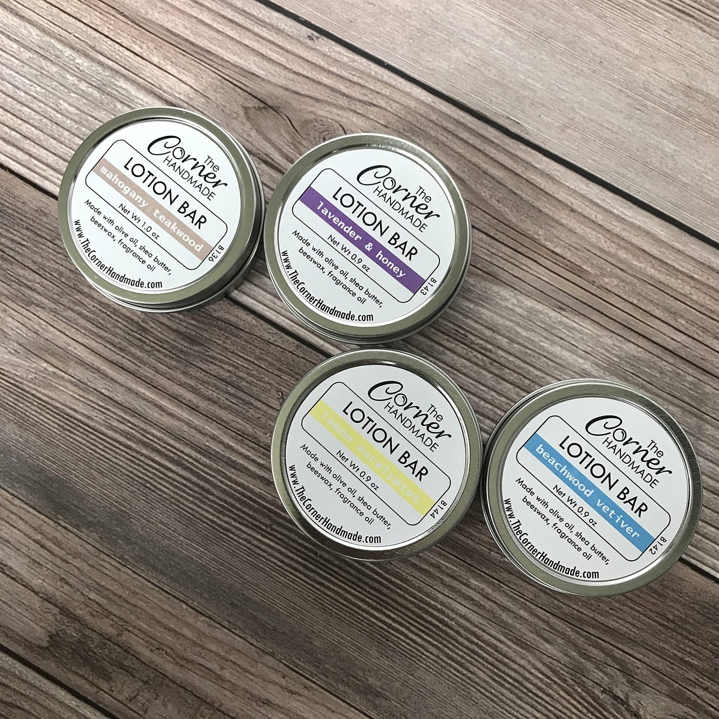 The Corner Handmade Lotion Bar 4 Pack, Set of Four Tins, Moisturizing Relief for Dry Skin