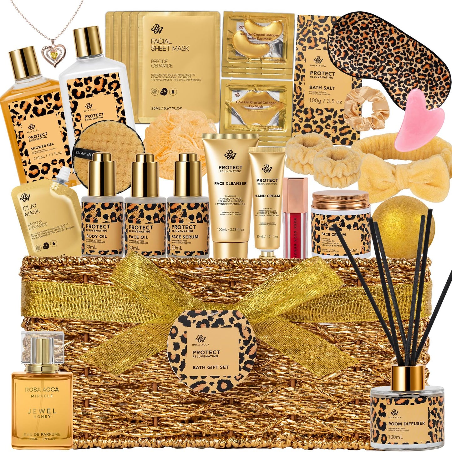 35 Pcs Mothers Day Gifts for Mom, Honey & Almond Bath & Body Gift Basket for Women, Face Skin Care Kit, Home Spa Basket Gift Set, Self-Care Gift Kit, Necklace, Birthday, Anniversary,Wife