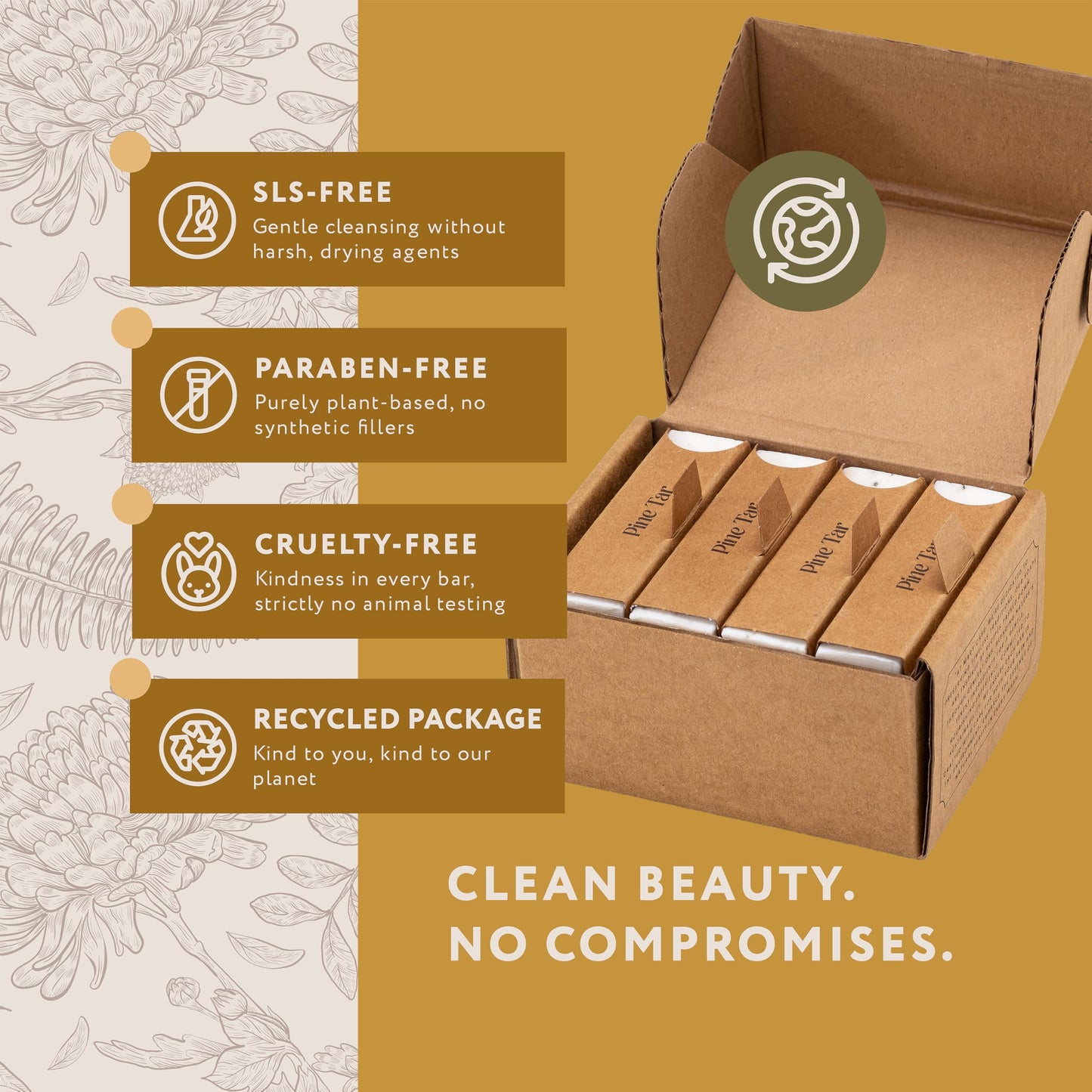Mary Case Pine Tar Bar Soap Set of 4 | Natural Soap with Olive, Coconut & Pine Oils + Dried Mint | Vegan Bath Soap for Men & Women | Revitalizing & Soothing Skin Care