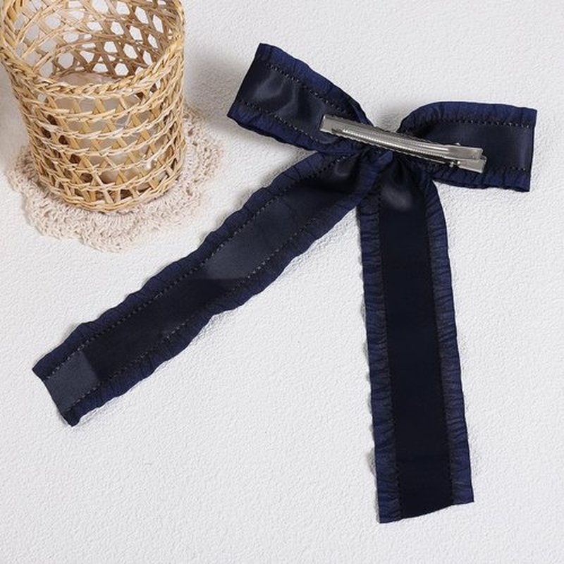 Big Silky Satin Hair Bows Hair Clip Navy Blue Ruffle Ribbon Ponytail Holder Decor Accessories with Long Tail Slides Metal Clips Hair Bow for Women Girls Toddlers Teens Kids 5.5 Inch