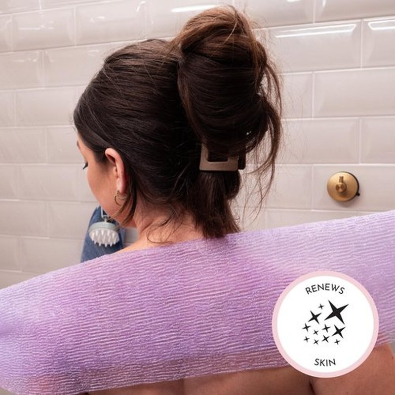 S&T INC. Back Scrubber for Shower, Exfoliating Body Scrubber or Bath Exfoliating Towel for Skin Care, 11.8 Inches x 35.4 Inches, Assorted Purple, 3 Pack