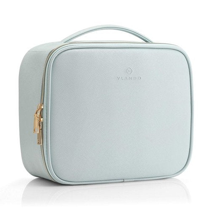 Vlando Travel Makeup Bag Faux Leather Large Make Up Bag Cosmetic Case Organizer Portable Makeup Travel Bag for Women with Adjustable Dividers for Makeup Brushes Digital Accessories (Blue)