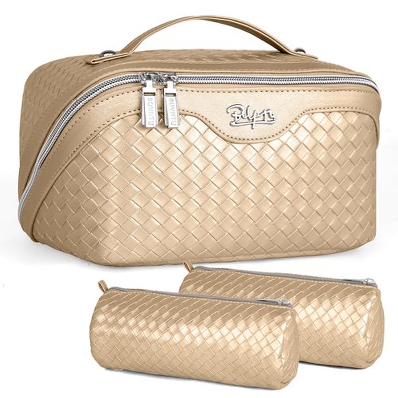 Travel Makeup Bags Cosmetic Organizer Bag: Large Capacity Make up Bag Set of 3 - Vegan Leather Toiletry Bag for Women - Portable Makeup Organizer with Compartments & Handle & Divider (04 Gold)