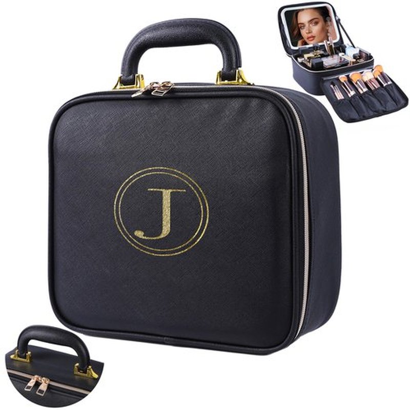Makeup Travel Train Case with Mirror, LED Light, 3 Adjustable Brightness Levels, Cosmetic Bag with Handle, Portable Storage, Adjustable Partition, Waterproof, Monogrammed Gift Makeup Bag for Women