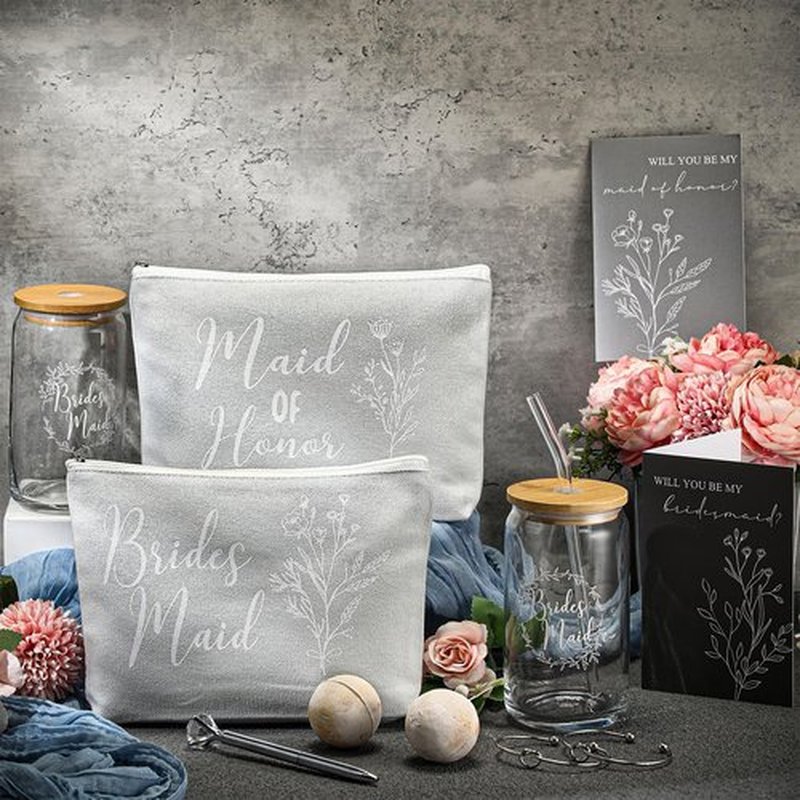 Skybooly 18 Pcs Bridesmaid Proposal Gifts Maid of Honor Gifts Including Brides Maid Glass Cup Makeup Bag Diamond Pen Bracelet Invited Cards for Wedding Party Favors(Gray)