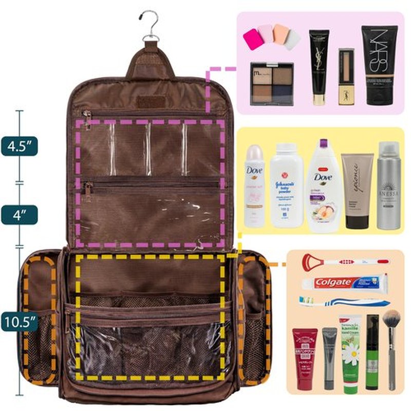 PAVILIA Large Hanging Toiletry Bag Travel Bag Women Men, PU Leather Cosmetic Organizer, Water Resistant Makeup Bag Accessories Toiletries, Travel Essentials Kit, Brown