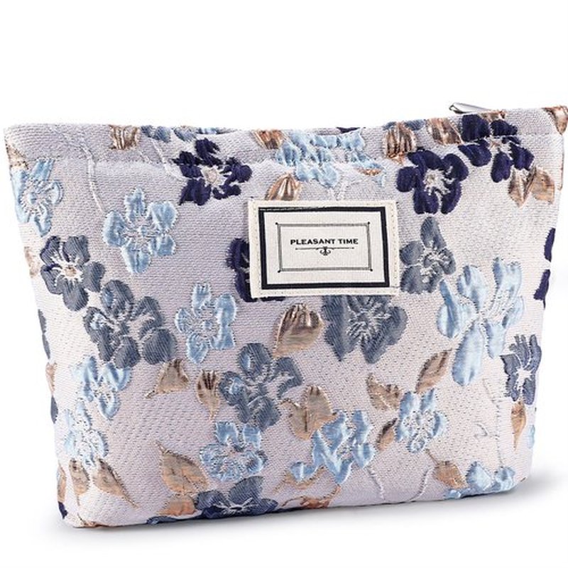 ZLFSRQ Flower Makeup Bag Travel Cute Floral Cosmetic Bags for Women Large Makeup Pouch Zipper Cosmetic Pouch for Purse Aesthetic Gray Blue Embossed Makeup Organizer Bag Portable Toiletry Bag