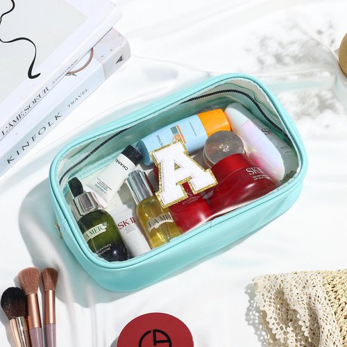 YOOLIFE Initial Clear Makeup Pouch, Clear Makeup Bag Cosmetic Travel Beach Toiletry Bag Travel Essentials Gifts for Women Teen Girlfriend Teacher Mom Brithday Gift for Women Teen Zipper Pouch Blue A