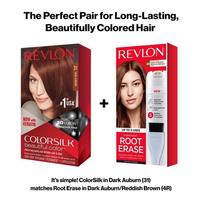 Revlon Permanent Hair Color, Permanent Hair Dye, Colorsilk with 100% Gray Coverage, Ammonia-Free, Keratin and Amino Acids, 31 Dark Auburn, 4.4 Oz (Pack of 3)