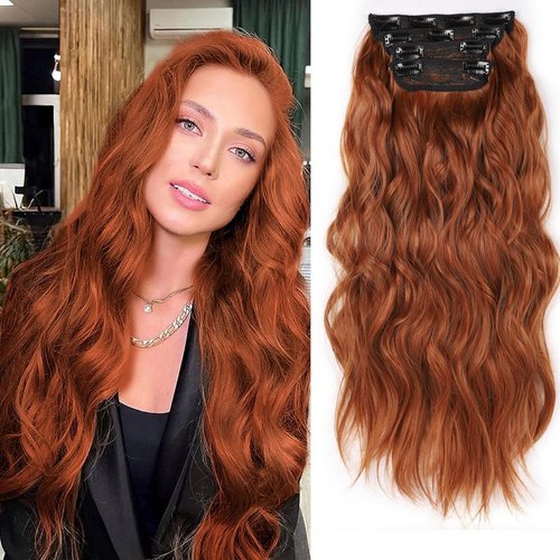 Copper Red Curly Clip In Hair Extensions for Women Synthetic Clip in Long Wavy clip Hair Extension 20 Inch Double Weft 4pc Hairpieces Full Head For Women (20INCH, 30c)