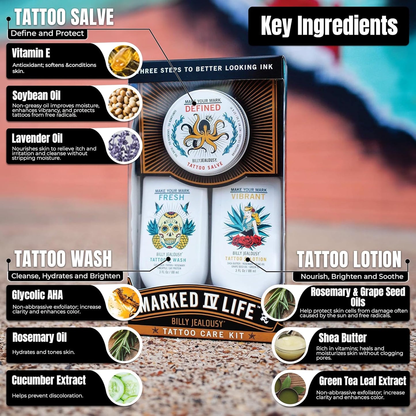 Marked IV Tattoo Care Kit - Aftercare Ink Salve, Brightening Soap & Moisturizing Lotion