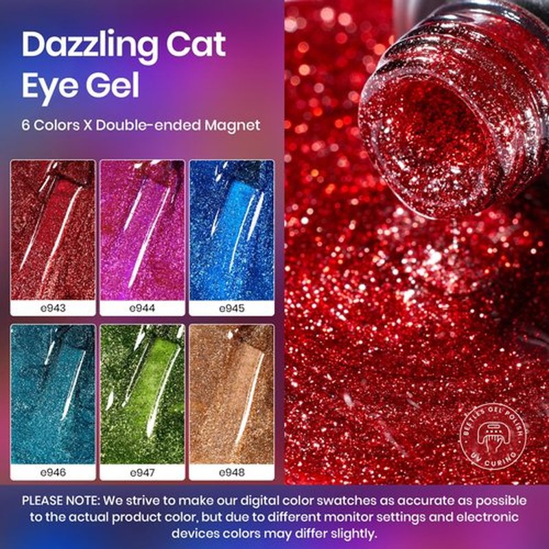 Beetles Cat Eye Gel Nail Polish, 6 Colors Glitter Red Green Blue Purple Gold Cat Eye Shimmer Gel Polish, Soak Off Sparkle Stunning Velvet Nail with Magnet Nail Art Salon Home Gift for Women Girls