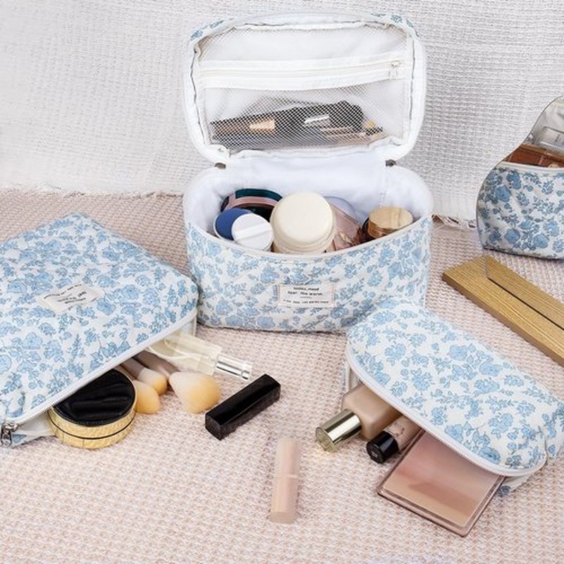 3PC Quilted Makeup Bag, Large Floral Makeup Bags for Women, Cute Cotton Cosmetic Bag Set, Flower Travel Toiletry Organizer Bags (white cherry)