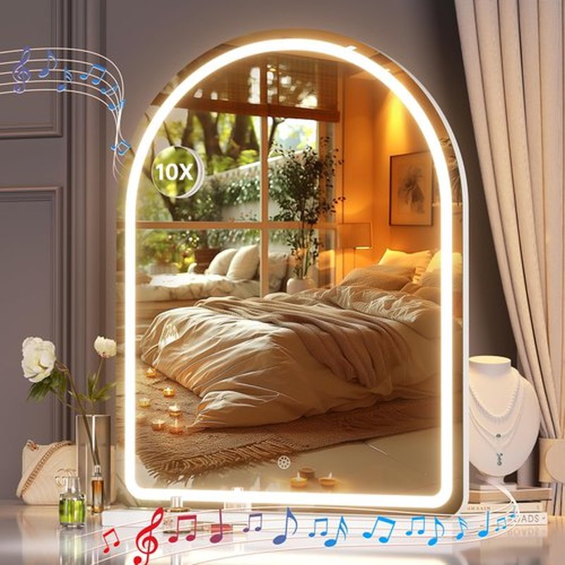 Hasipu Vanity Mirror with Lights and Bluetooth Speaker, 20"× 26" Arched LED Makeup Mirror, Lighted Desktop Makeup Mirror with Lights, Smart Touch Control Dimmable 3 Modes Light White